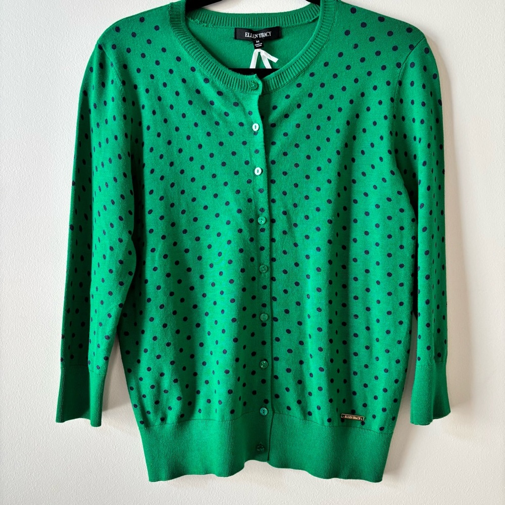 Ellen Tracy Green Polka Dot Cardigan